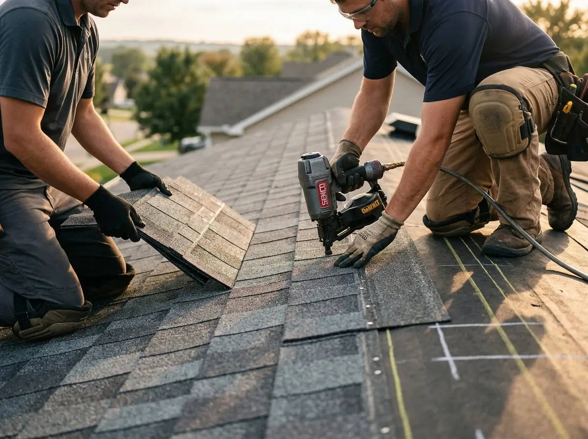 Professional roofer working on a residential roof in Cornelia